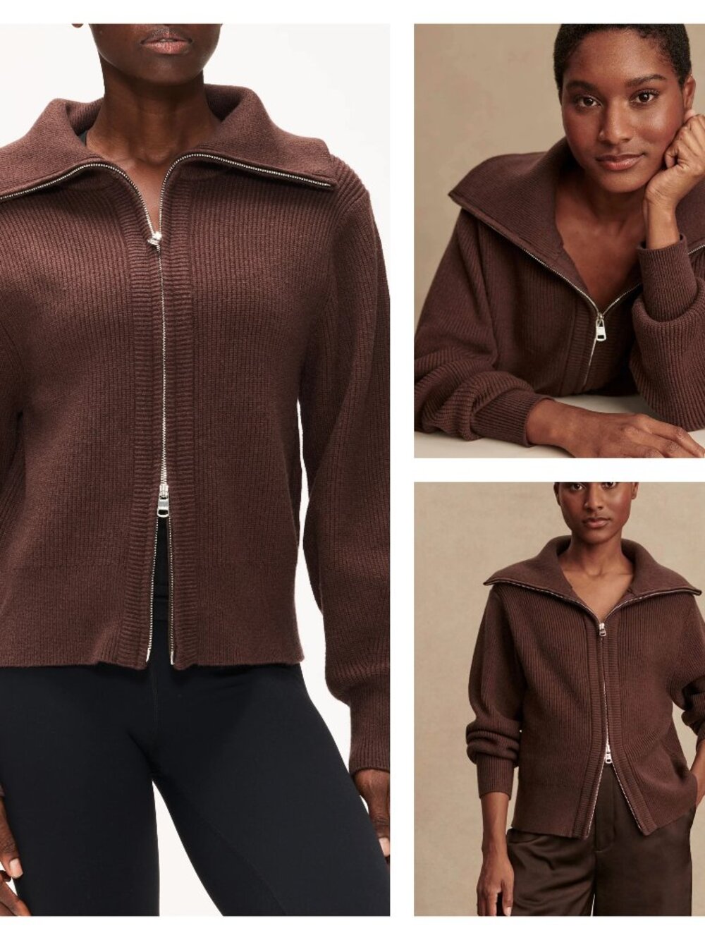 VARLEY Brown Double Zip Pull ENRICO Knit Jacket Collared Cardigan